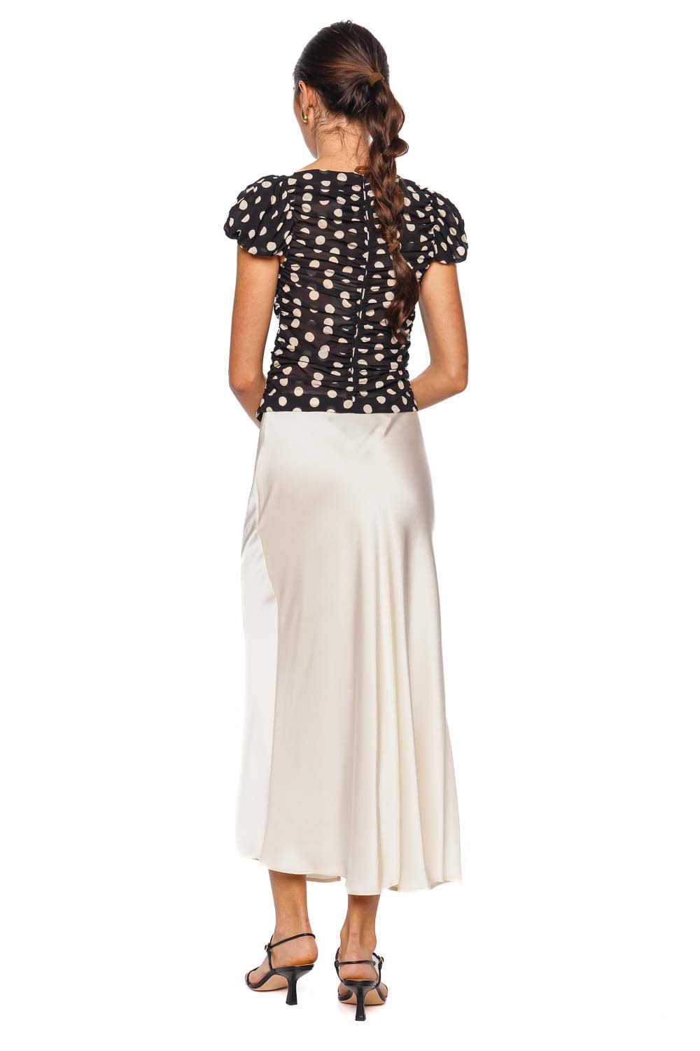 Melissa Joelle Dot Black Silk Puff Sleeve Top