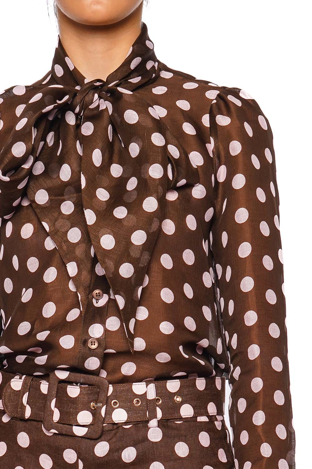 Cara Cara Joelle Dot Brown Long Sleeve Tie Neck Blouse