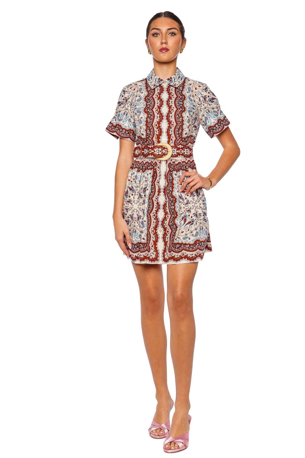 Cara Cara Malena Ivory Paisley Scarf Mini Dress with Short Sleeves