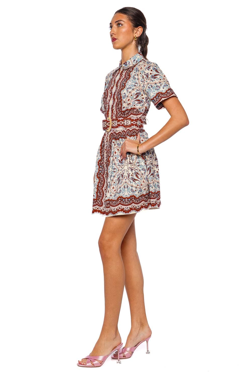 Cara Cara Malena Ivory Paisley Scarf Mini Dress with Short Sleeves