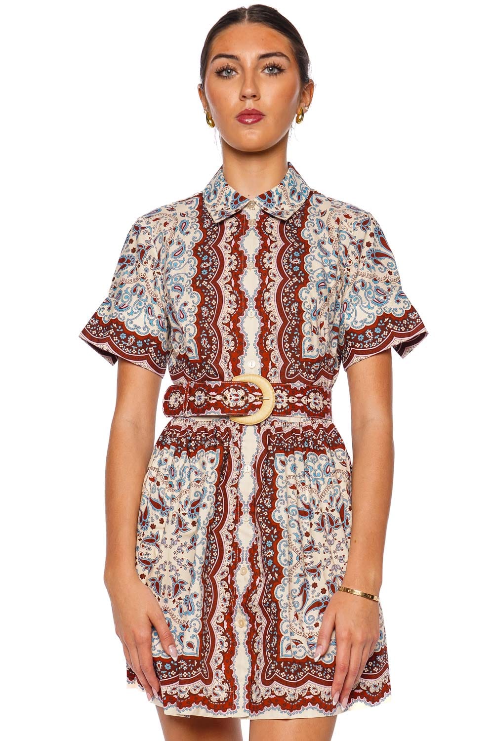 Cara Cara Malena Ivory Paisley Scarf Mini Dress with Short Sleeves