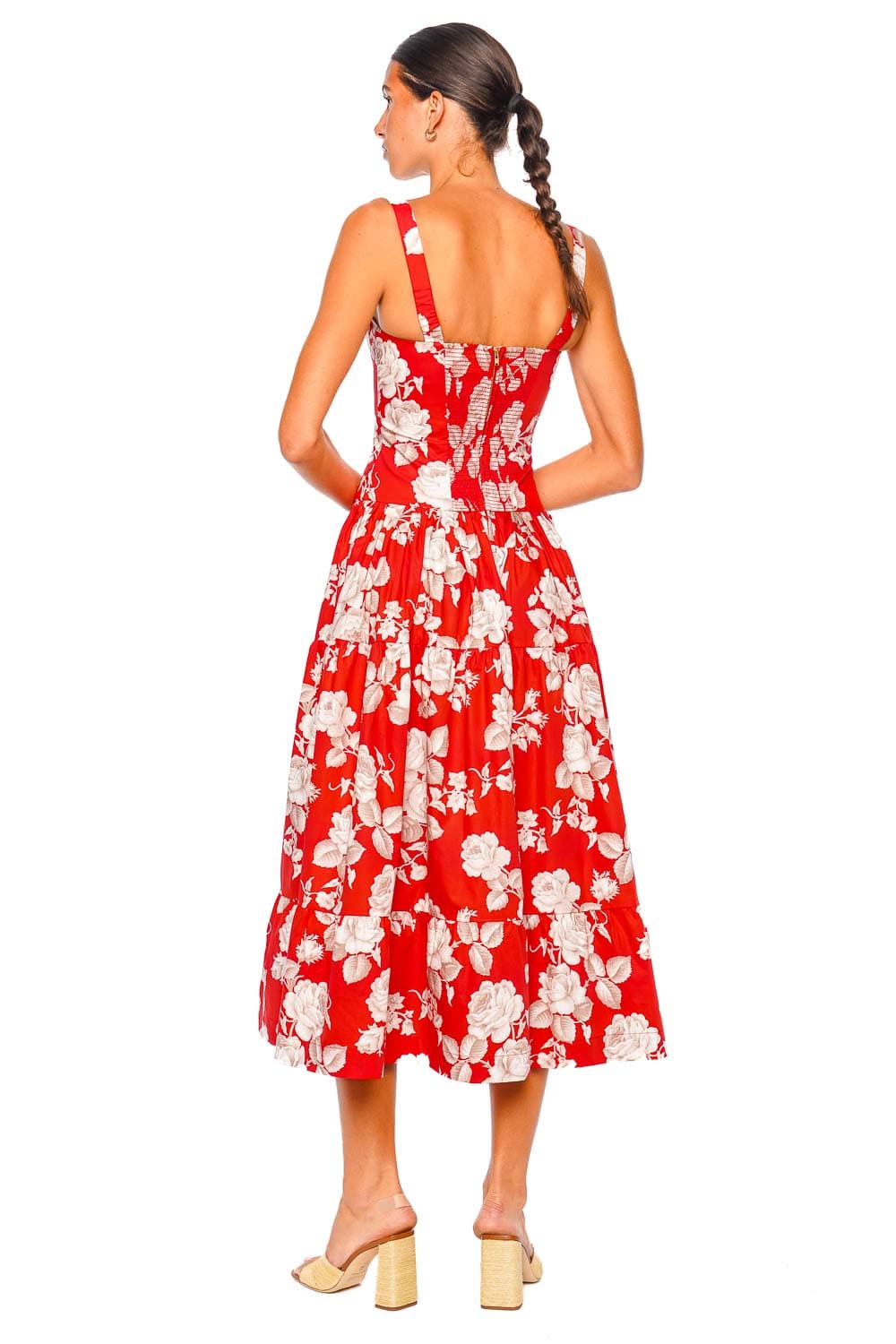 Cara Cara Santiago Rosebud Red Floral Midi Dress with Straps