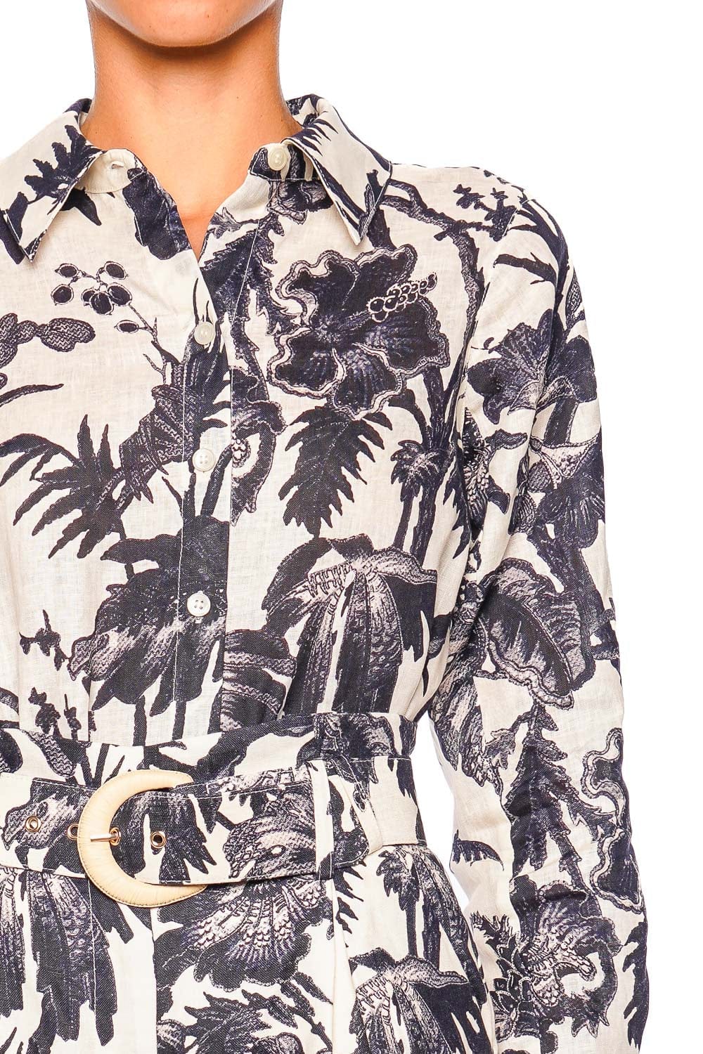 Cara Cara Perfect Shirt 3066LL Fauna Floral Belted Long Sleeve Top in Navy