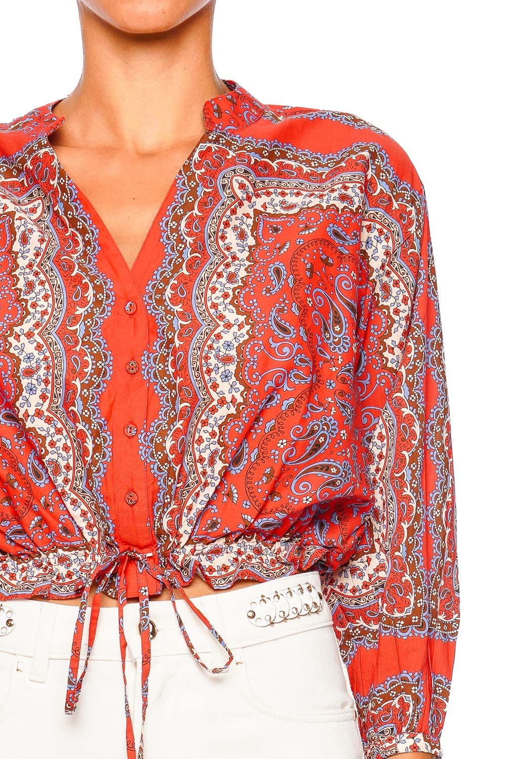 Cara Cara Perrin Coral Paisley Print Button-Up Long Sleeve Top