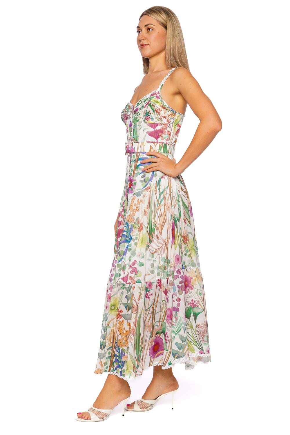 Cael Floral Scalloped Lace Belted Midi Dress
