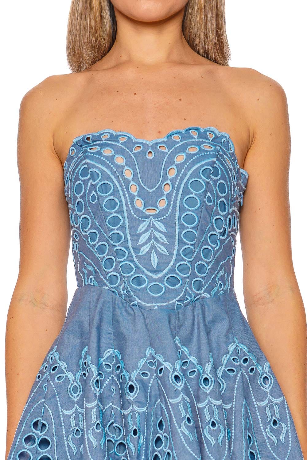 CHARO RUIZ IBIZA Blue Sealace Strapless Eyelet Mini Dress