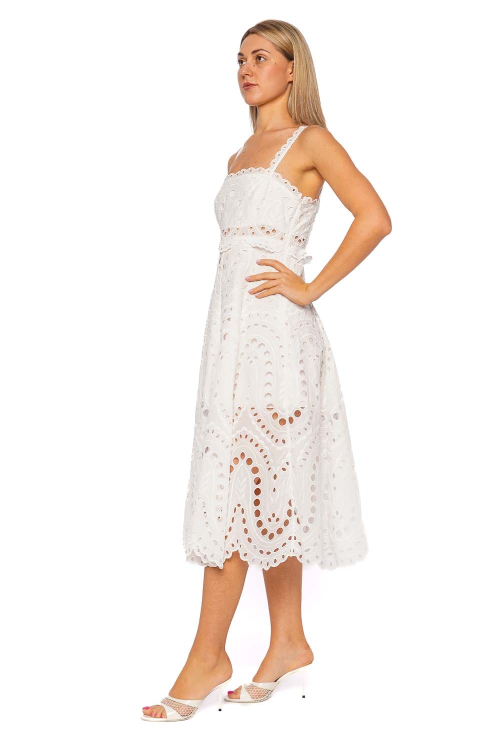 Glimmer White Sealace Embroidered Midi Dress