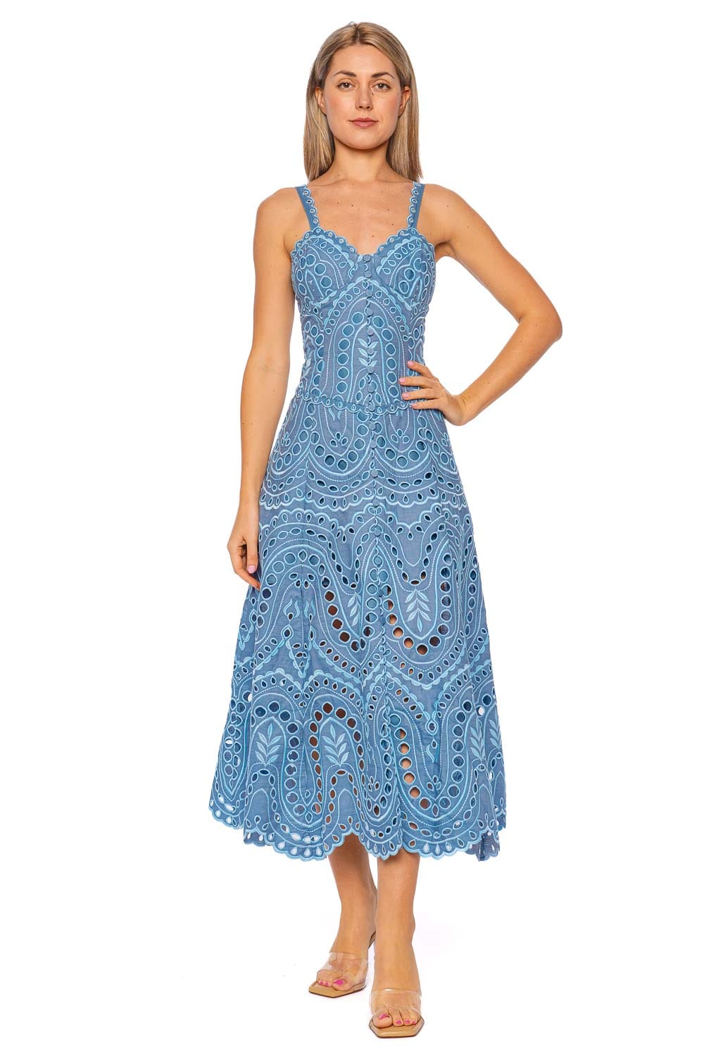 CHARO RUIZ IBIZA Solace Blue Embroidered Midi Dress with Straps
