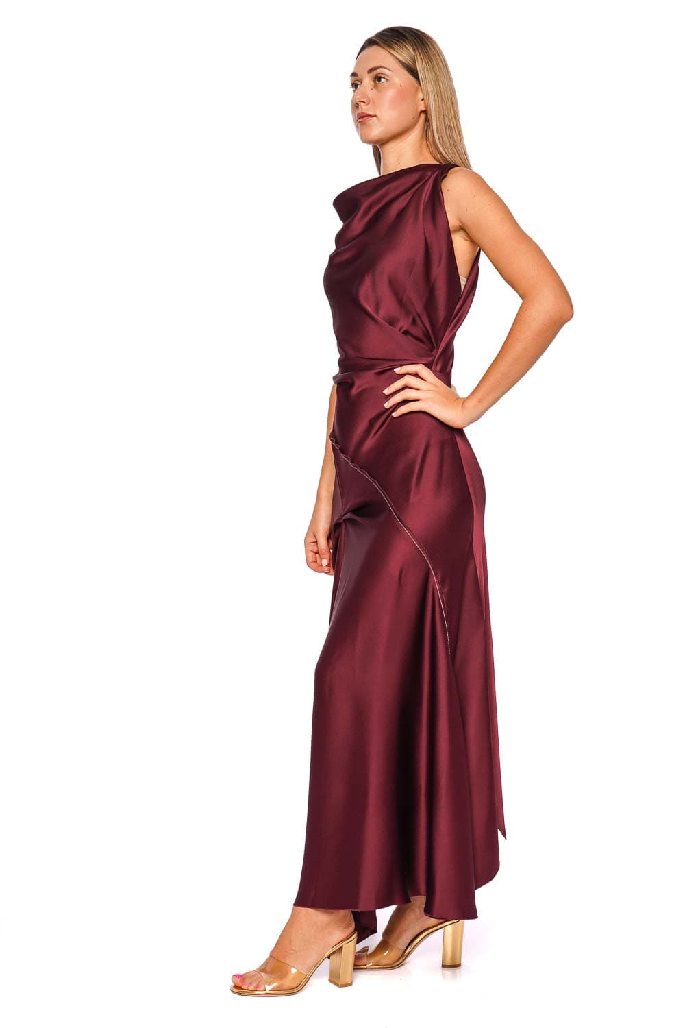 Victoria Beckham Cinnabar Red Sleeveless Asymmetric Draped Midi Dress