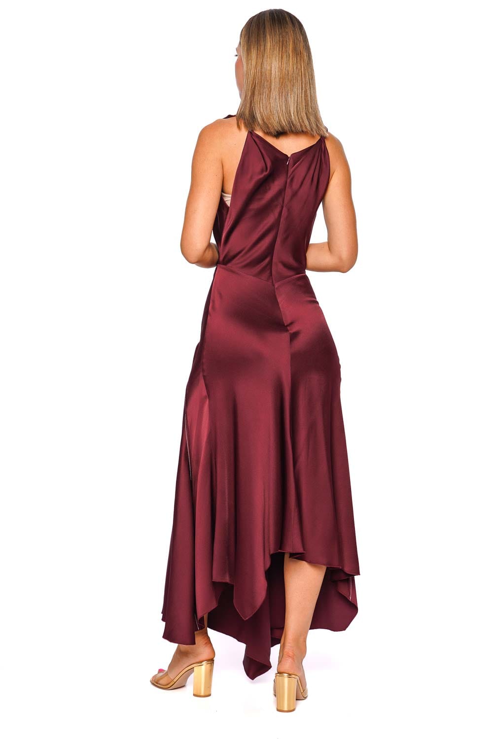 Victoria Beckham Cinnabar Red Sleeveless Asymmetric Draped Midi Dress