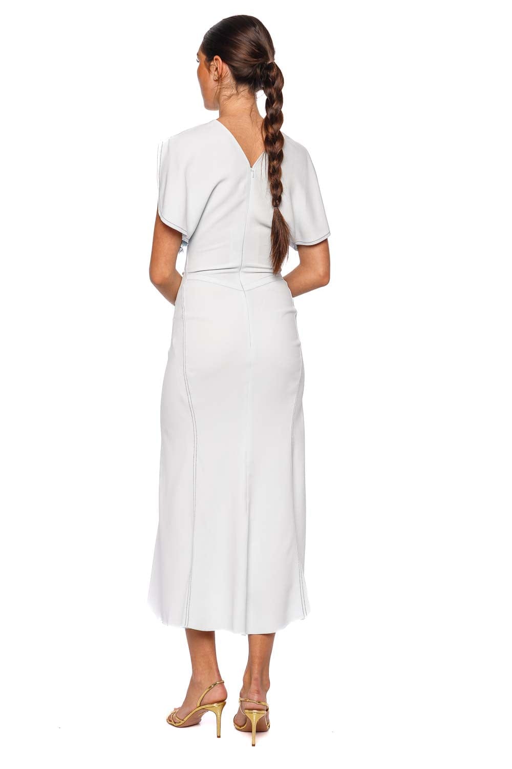 Victoria Beckham Glacial Blue Gathered Waist Midi Dress with Short Sleeves