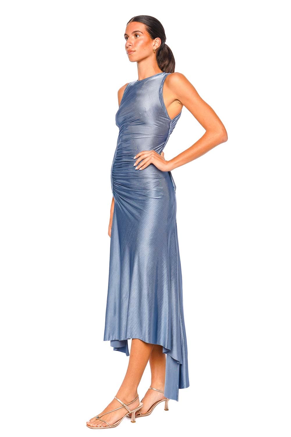 Dark Teal Sleeveless Satin Belted Midi Dress