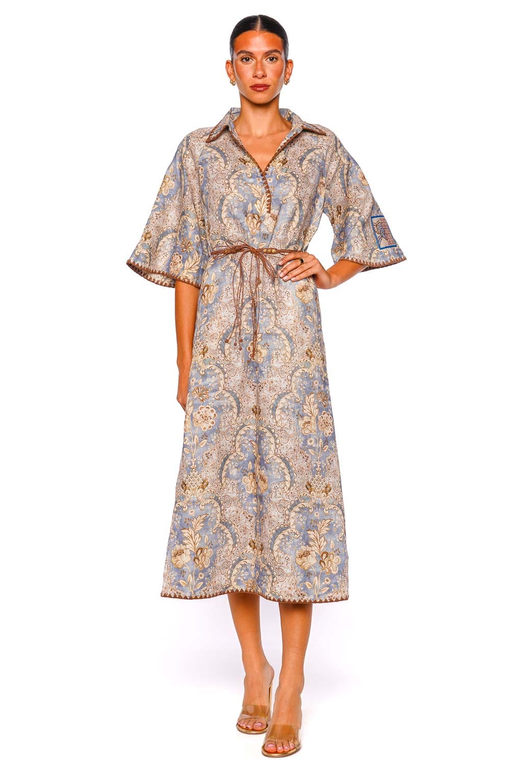 ZIMMERMANN Daylight Damask Denim Midi Dress with 3/4 Sleeves
