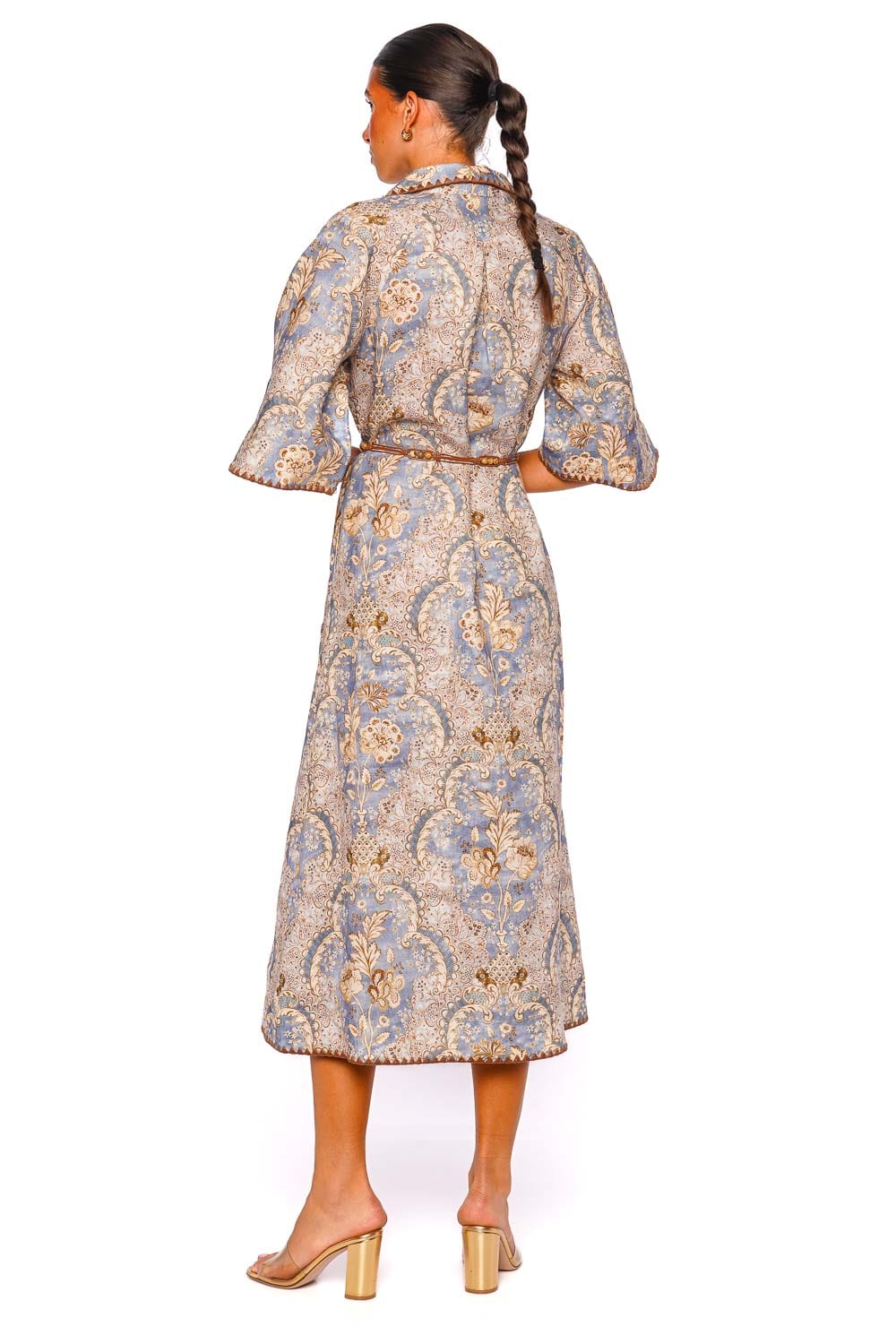 ZIMMERMANN Daylight Damask Denim Midi Dress with 3/4 Sleeves