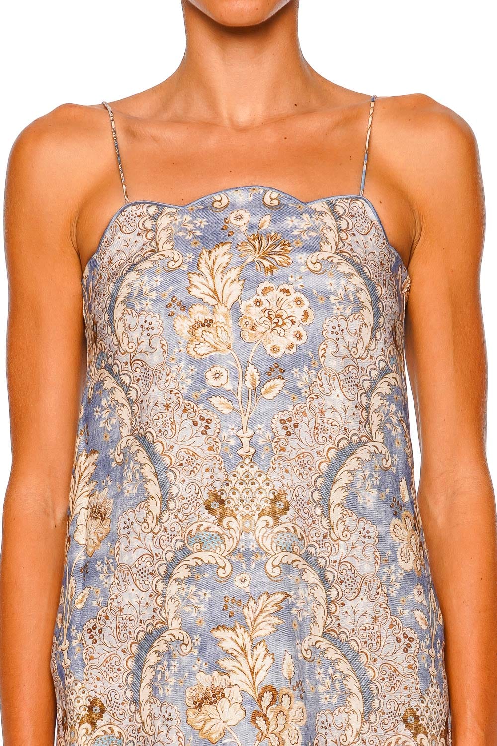 ZIMMERMANN Daylight Scallop Damask Denim Mini Dress with Spaghetti Straps