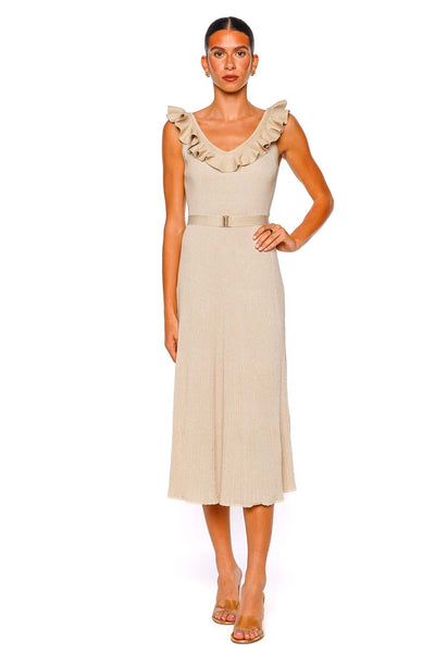 Awaken Metallic Gold Ruffled Knit Midi Dress