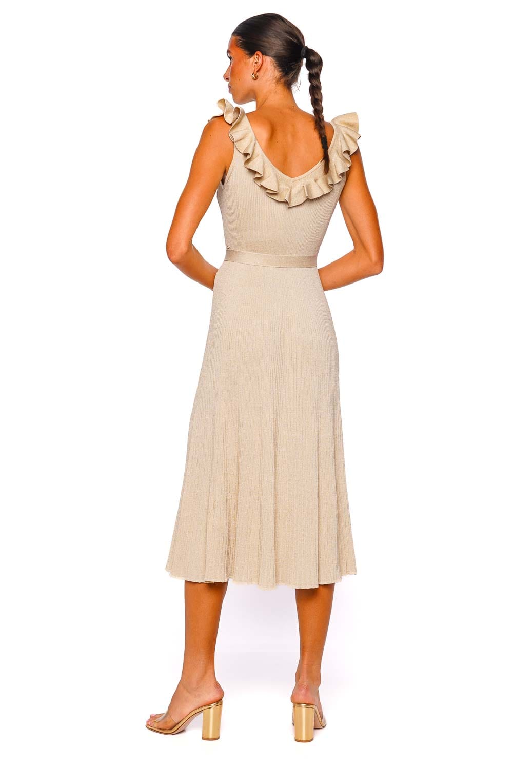 ZIMMERMANN Awaken Metallic Gold Ruffled Midi Dress