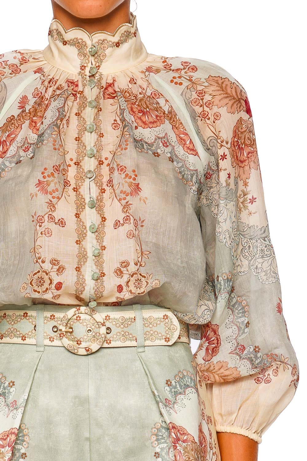 ZIMMERMANN Daylight Wallpaper Floral Mint Blouse with 3/4 Sleeves