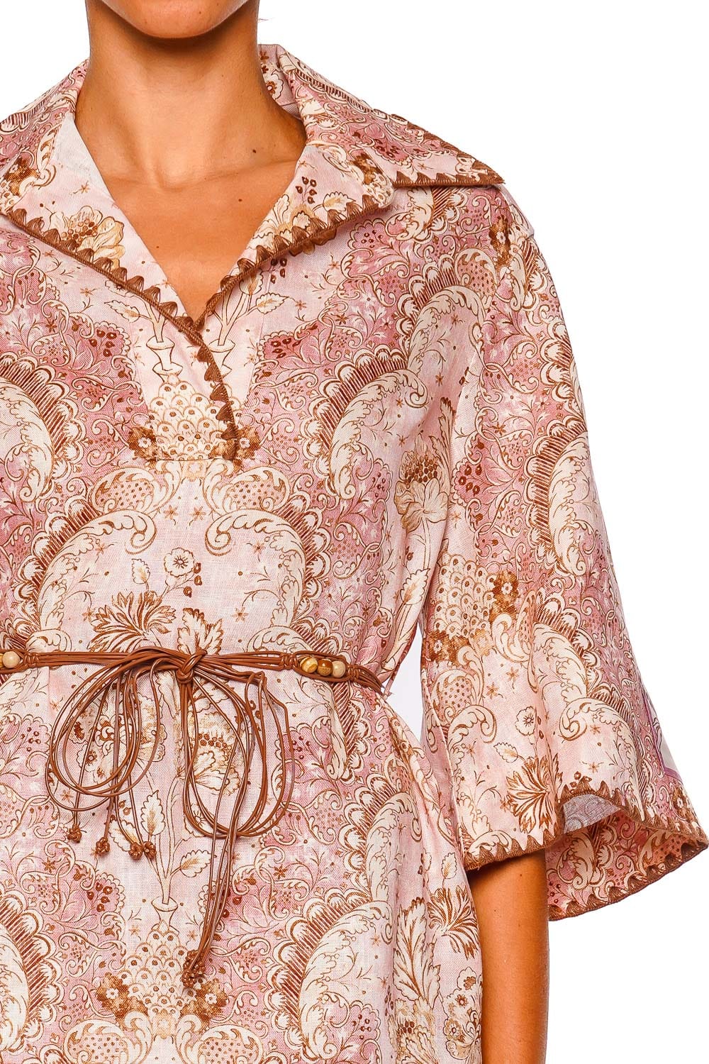 ZIMMERMANN Daylight Tunic Mini Dress with Flared Sleeves Damask Rose