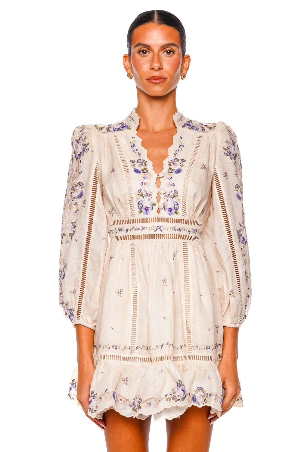 Zimmermann Patience Plunge Embroidered Linen Mini Dress Zimmermann Patience Plunge Embroidered Linen Mini Dress