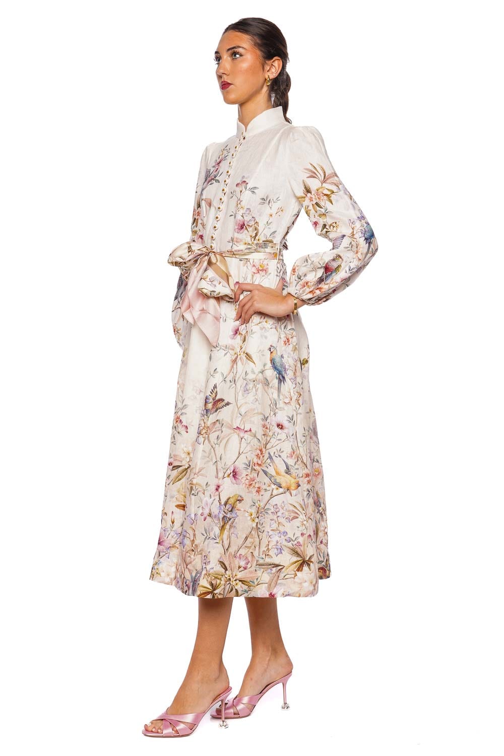 ZIMMERMANN Rebellion Cream Aviary Long Sleeve Midi Dress with Button Detail