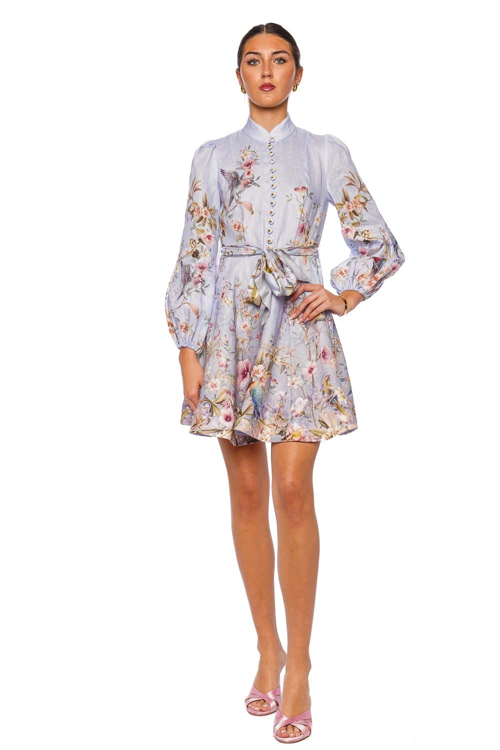ZIMMERMANN Rebellion Blue Aviary Long Sleeve Button Mini Dress