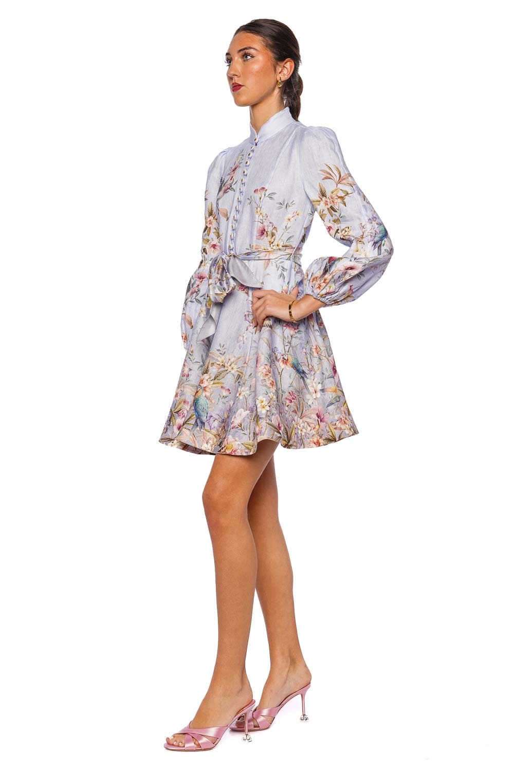 ZIMMERMANN Rebellion Blue Aviary Long Sleeve Button Mini Dress