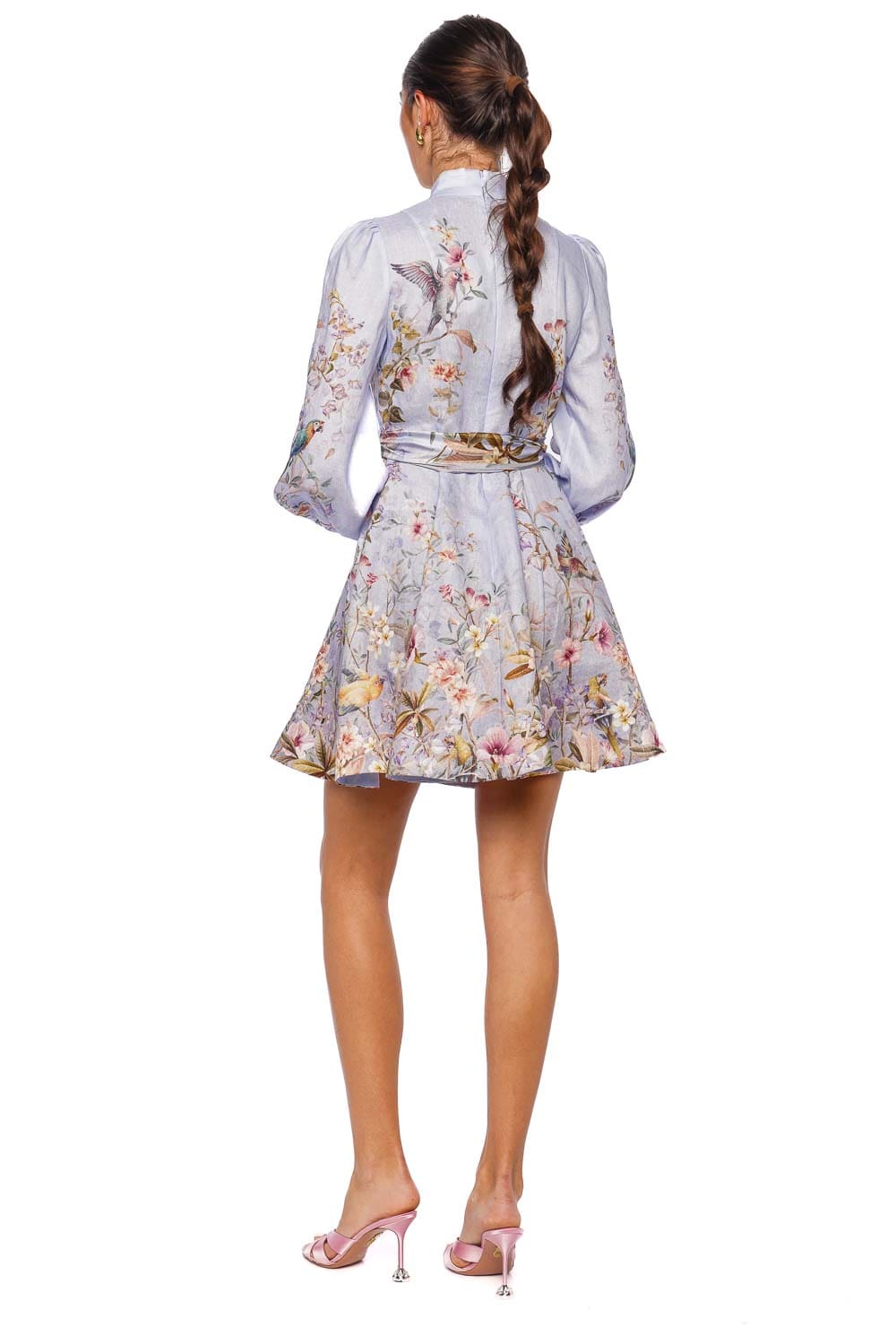 ZIMMERMANN Rebellion Blue Aviary Long Sleeve Button Mini Dress