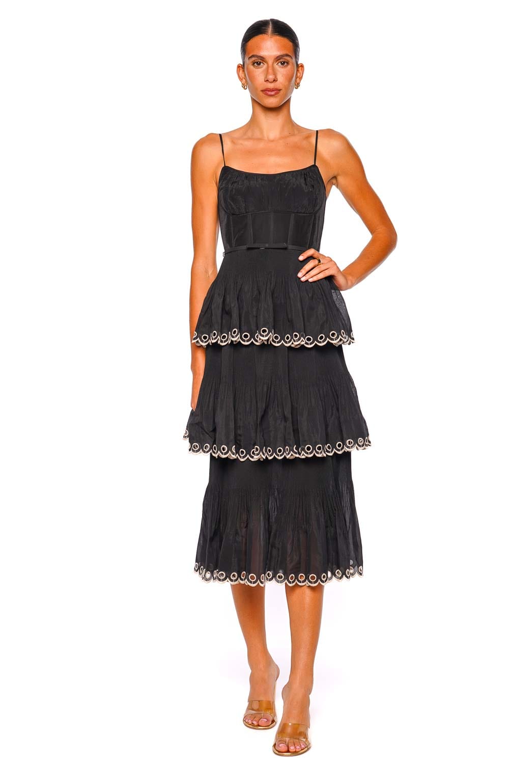 ZIMMERMANN Black Embroidered Tiered Midi Dress with Spaghetti Straps