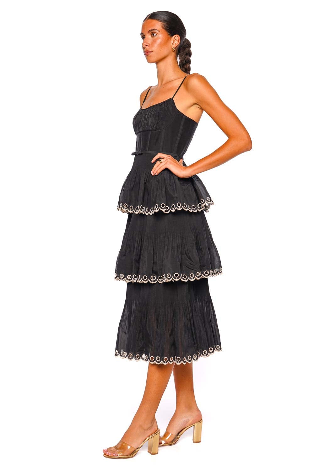 ZIMMERMANN Black Embroidered Tiered Midi Dress with Spaghetti Straps