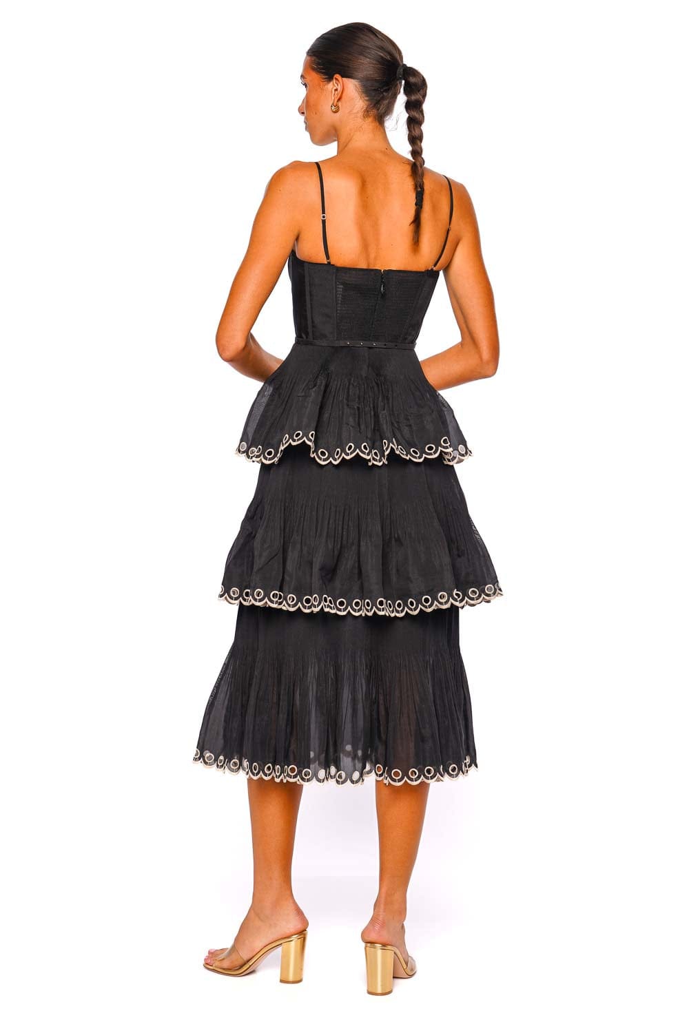 ZIMMERMANN Black Embroidered Tiered Midi Dress with Spaghetti Straps
