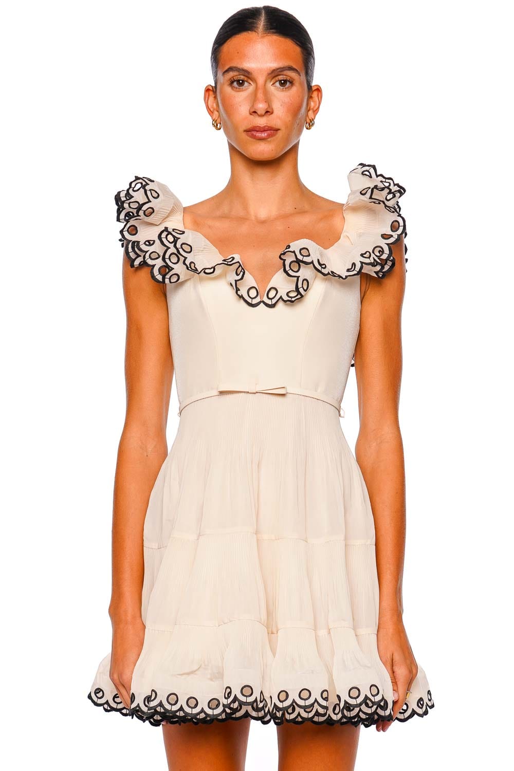 Cream Contrast Embroidered Frill Mini Dress