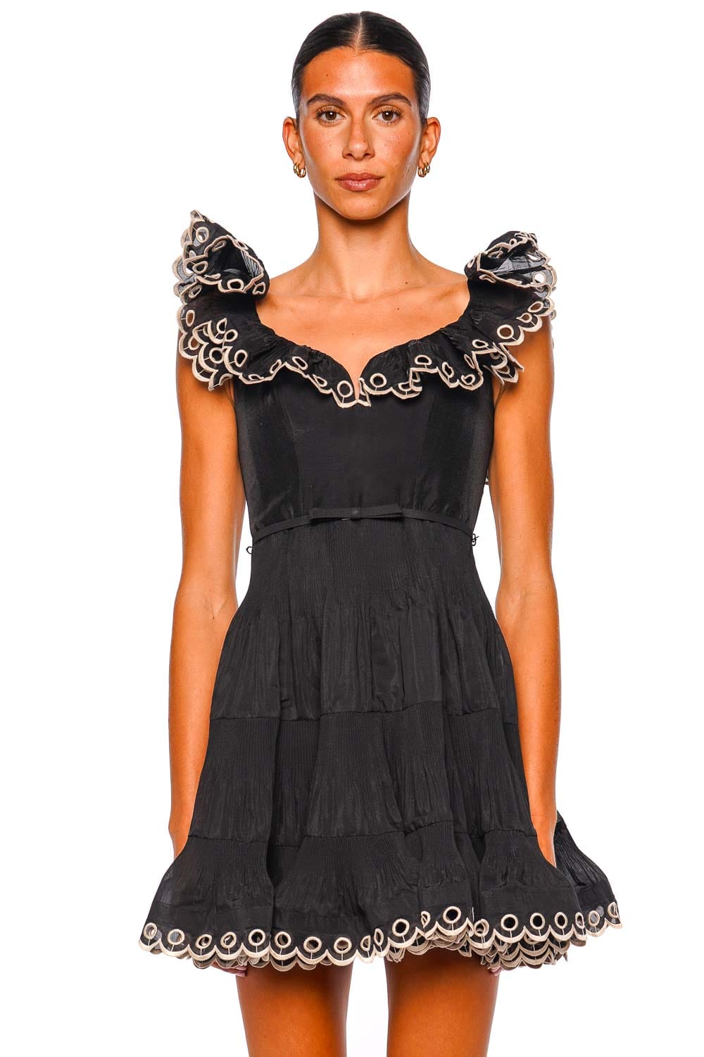 ZIMMERMANN Embroidered Frilled Black Cap Sleeve Mini Dress
