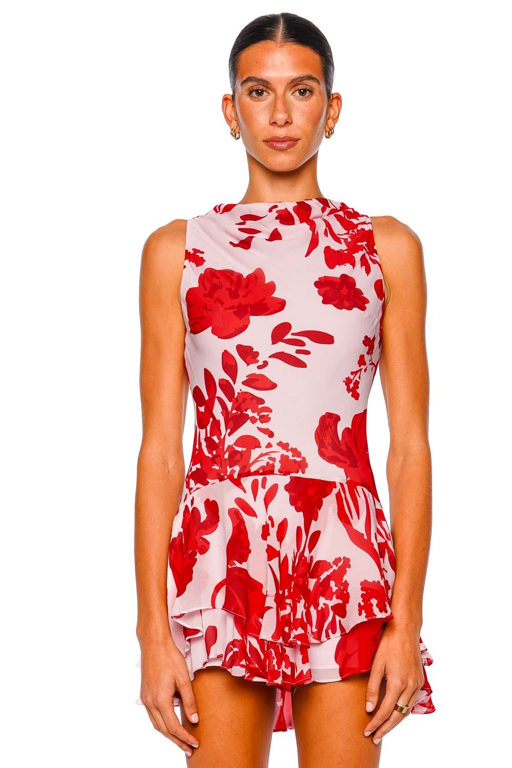 Shona Joy Aleyna Sleeveless Geranium Red Ruffle Mini Dress