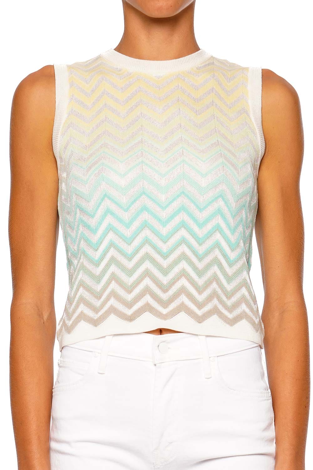 MISSONI Sleeveless Chevron Knit Top Light Blue and Yellow