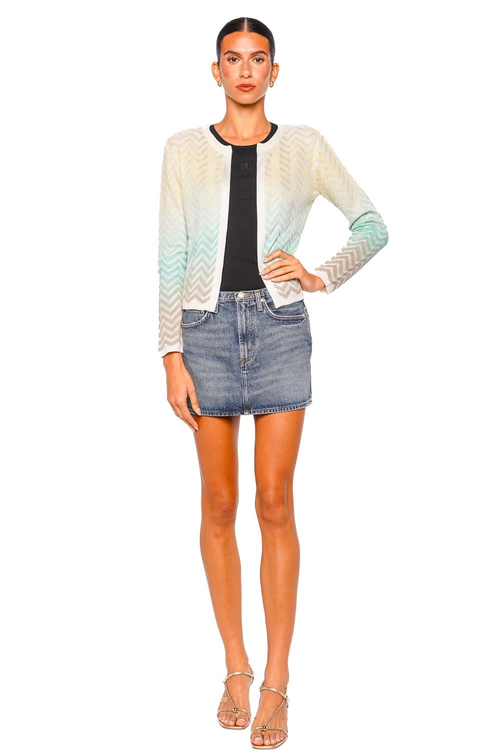 MISSONI Light Blue and Yellow Chevron Long Sleeve Cardigan