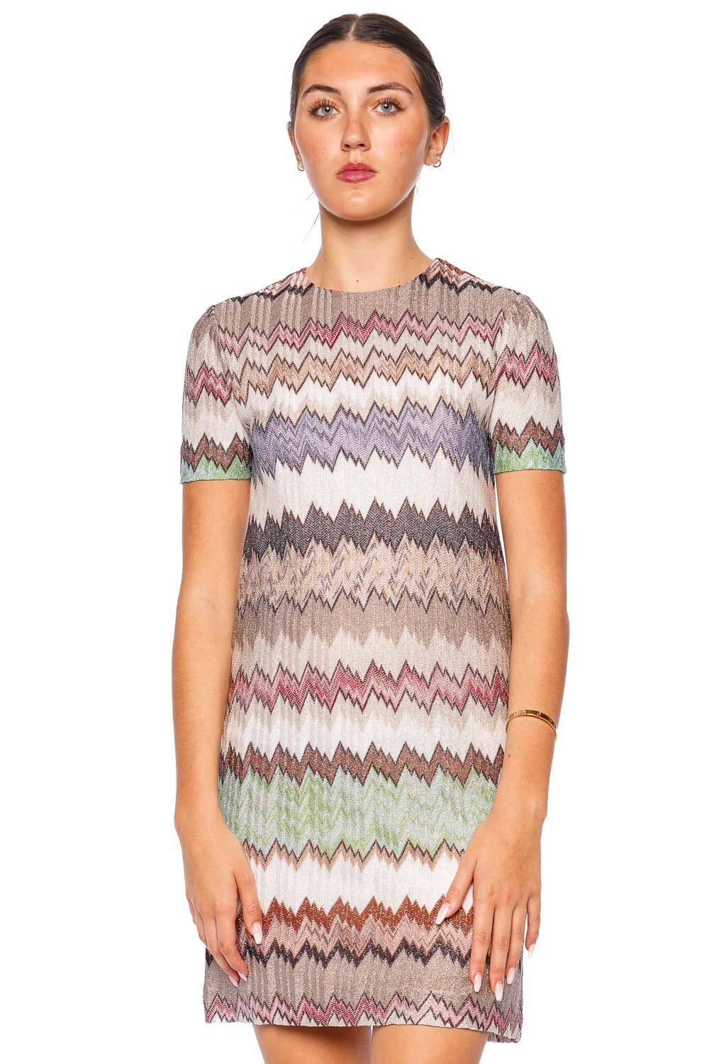 MISSONI Multicolor Chevron Pattern White Base Short Sleeve Dress