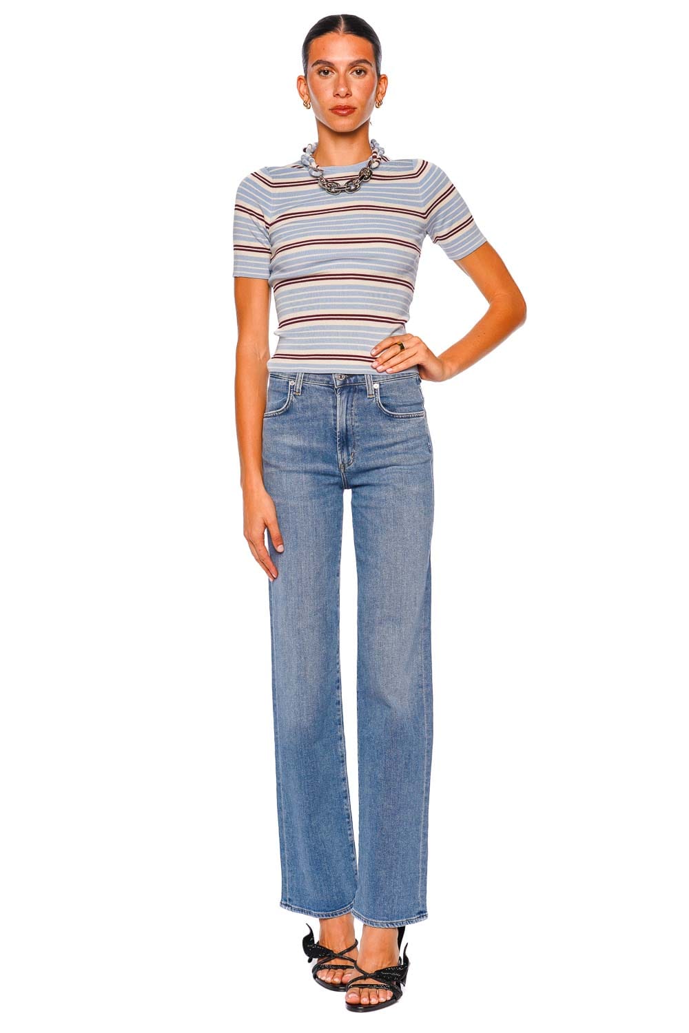 Rabanne Striped Baby Blue Short Sleeve Knit Cardigan