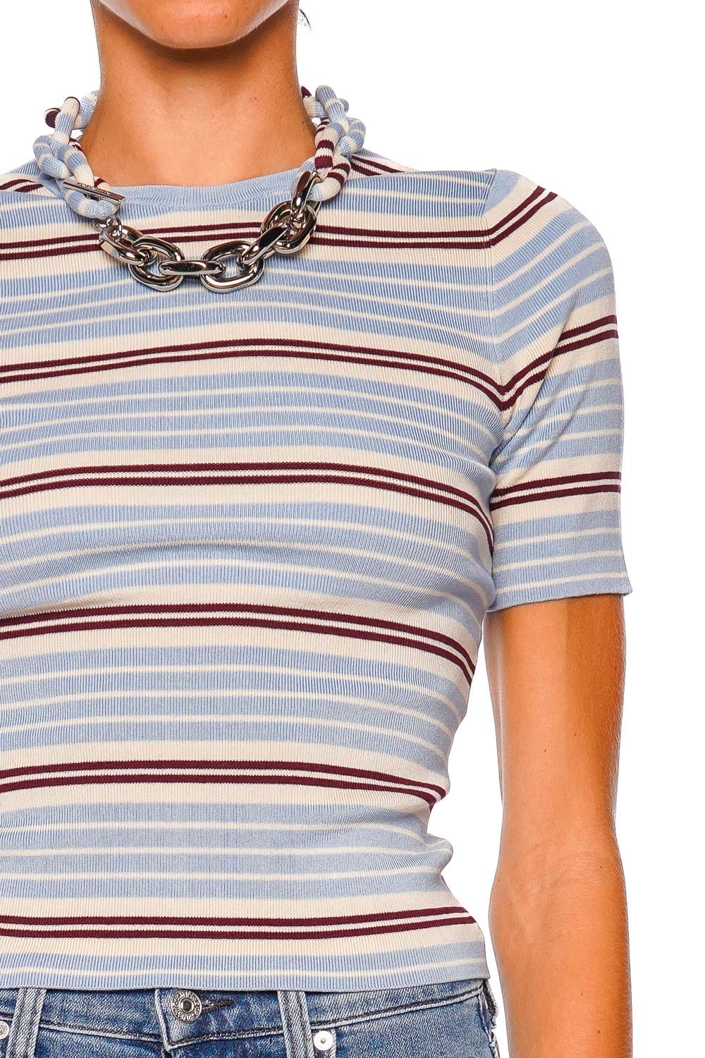 Rabanne Striped Baby Blue Short Sleeve Knit Cardigan