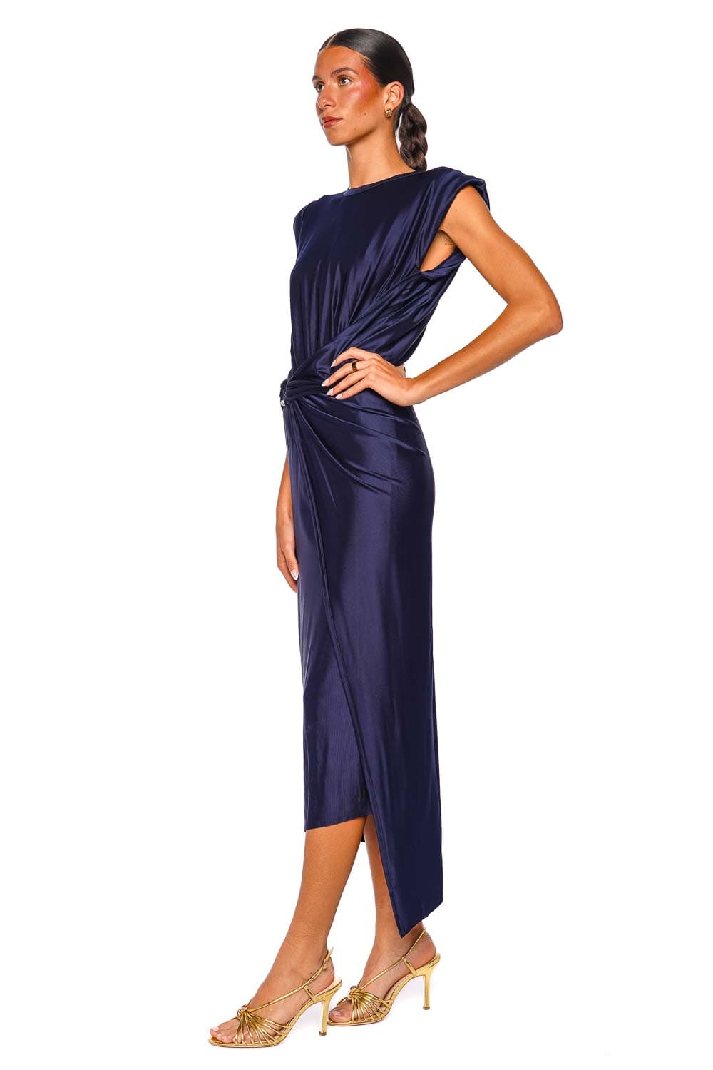 Rabanne Deep Navy Satin Midi Dress with Cap Sleeves