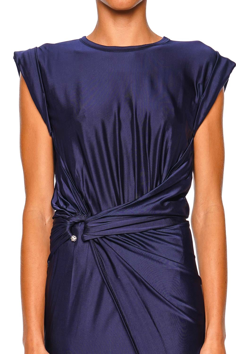 Rabanne Deep Navy Satin Midi Dress with Cap Sleeves