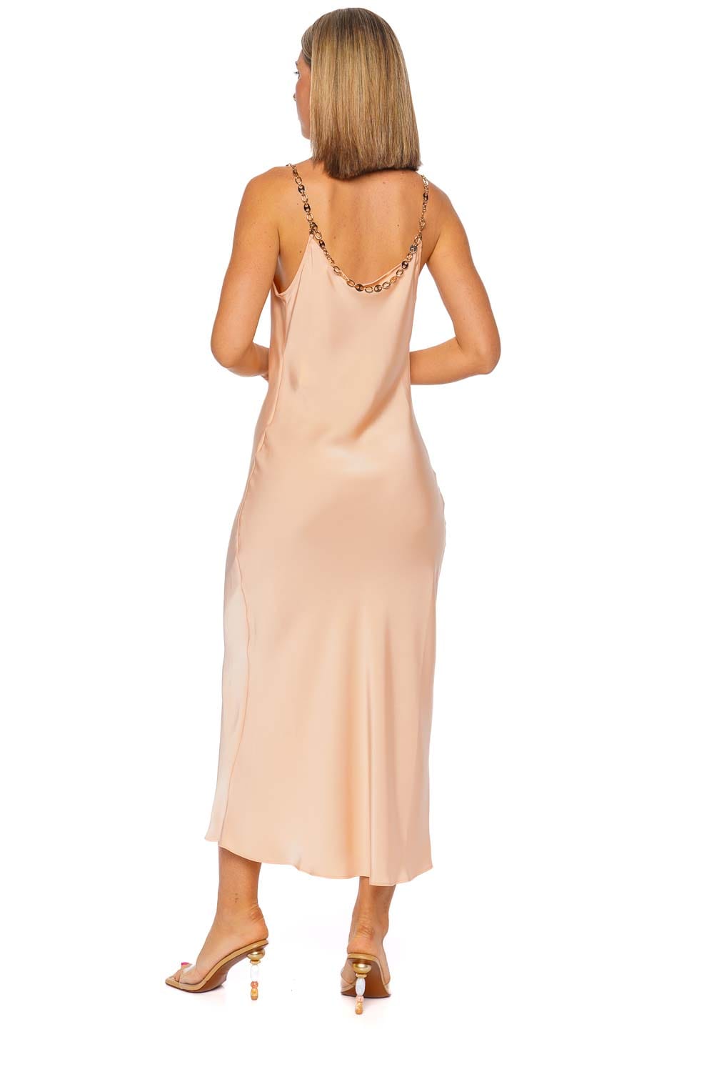 Rabanne Salmon Pink Satin Chain Strap Midi Dress