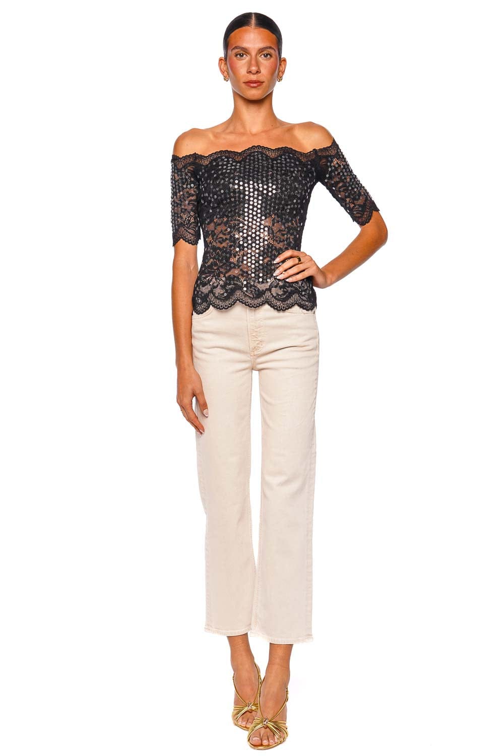 Rabanne Haut Black Off Shoulder Lace Sequin Top with Elbow Sleeves
