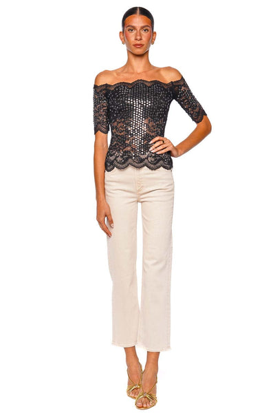 Black Embellished Lace Off Shoulder Top