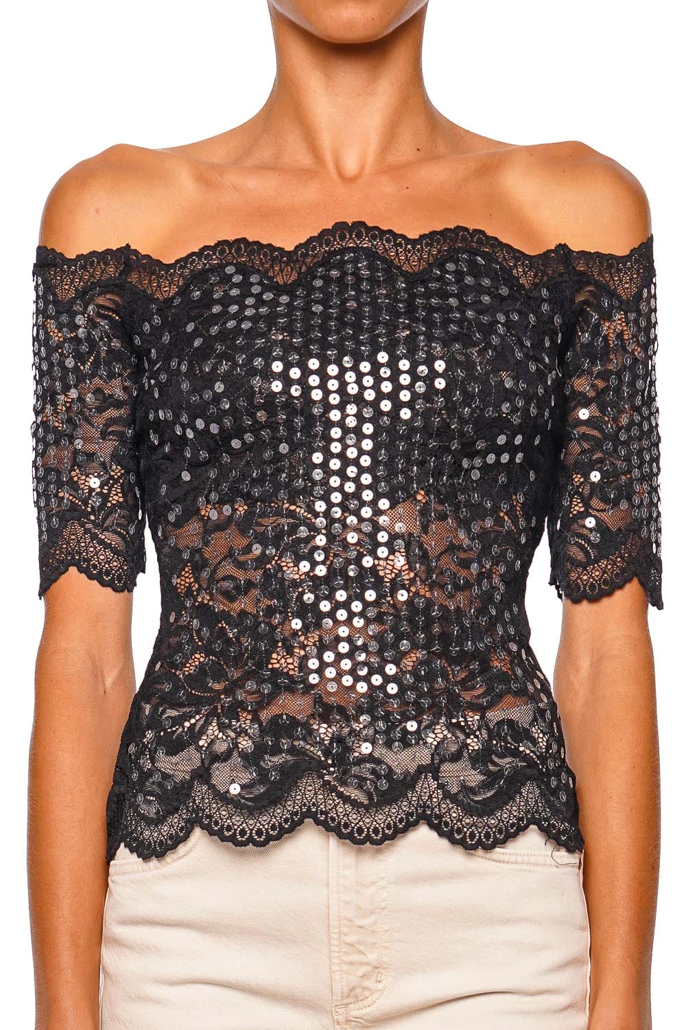 Rabanne Haut Black Off Shoulder Lace Sequin Top with Elbow Sleeves