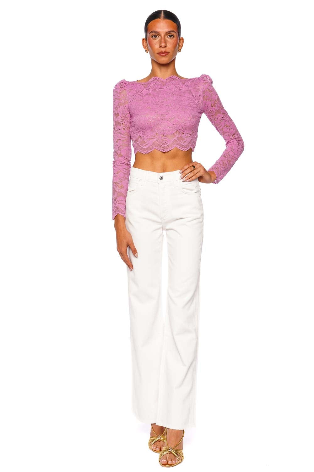 Rabanne Haut Camelia Pink Lace Long Sleeve Crop Top