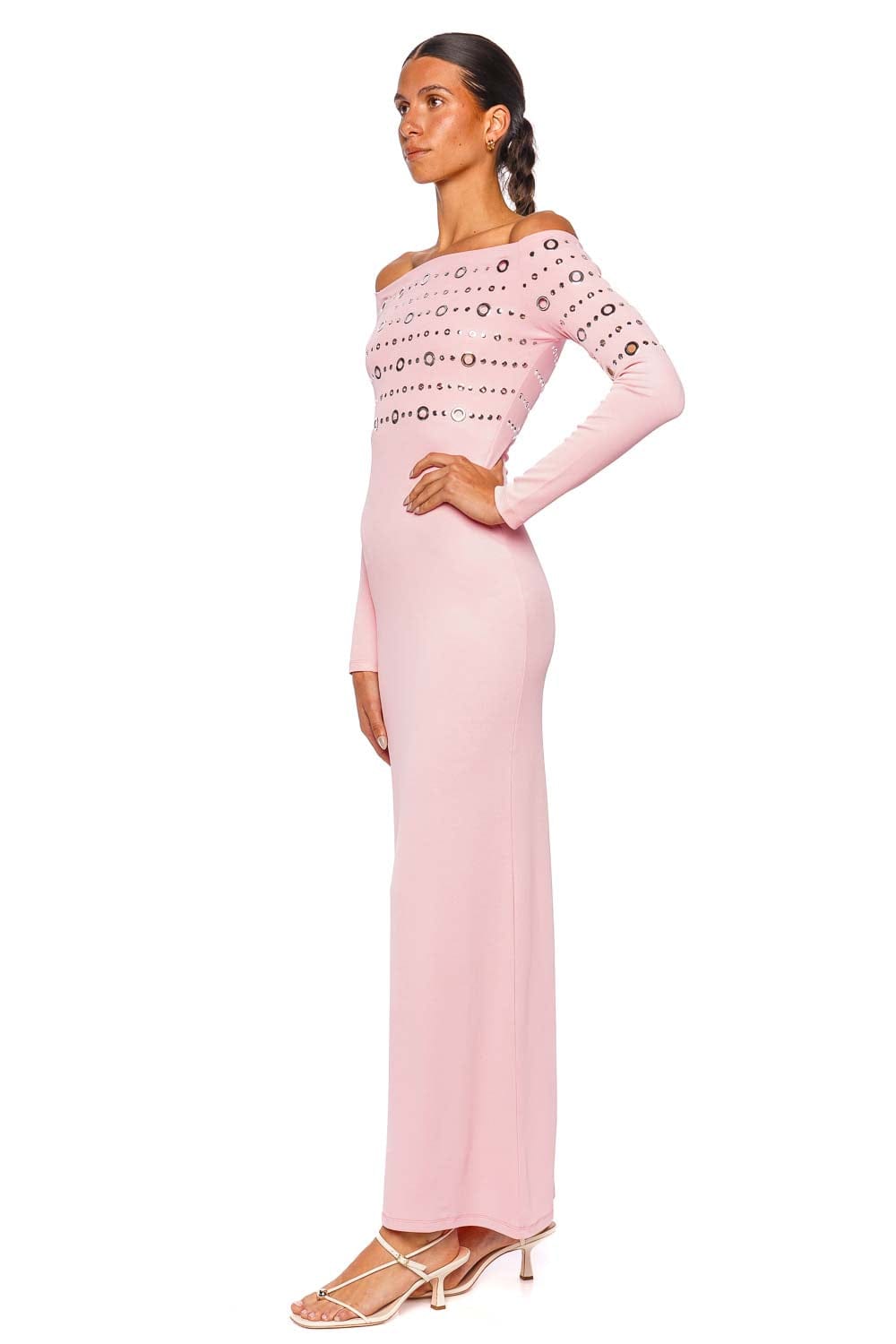 Rabanne Off Shoulder Maxi Dress Long Sleeve Fluo Pink