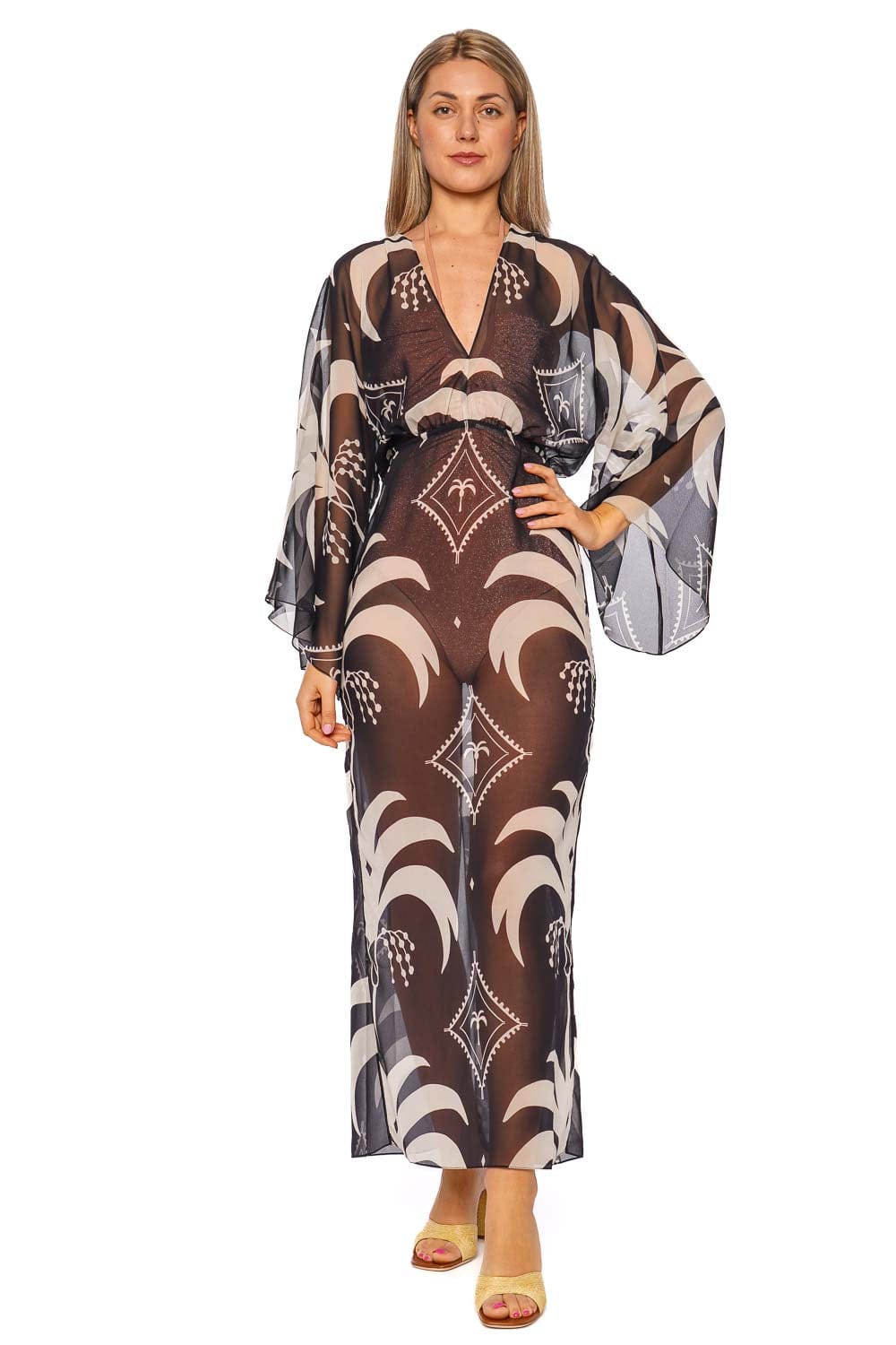 Johanna Ortiz Spiritual Healers Black and Ecru Ankle Dress with Long Sleeves