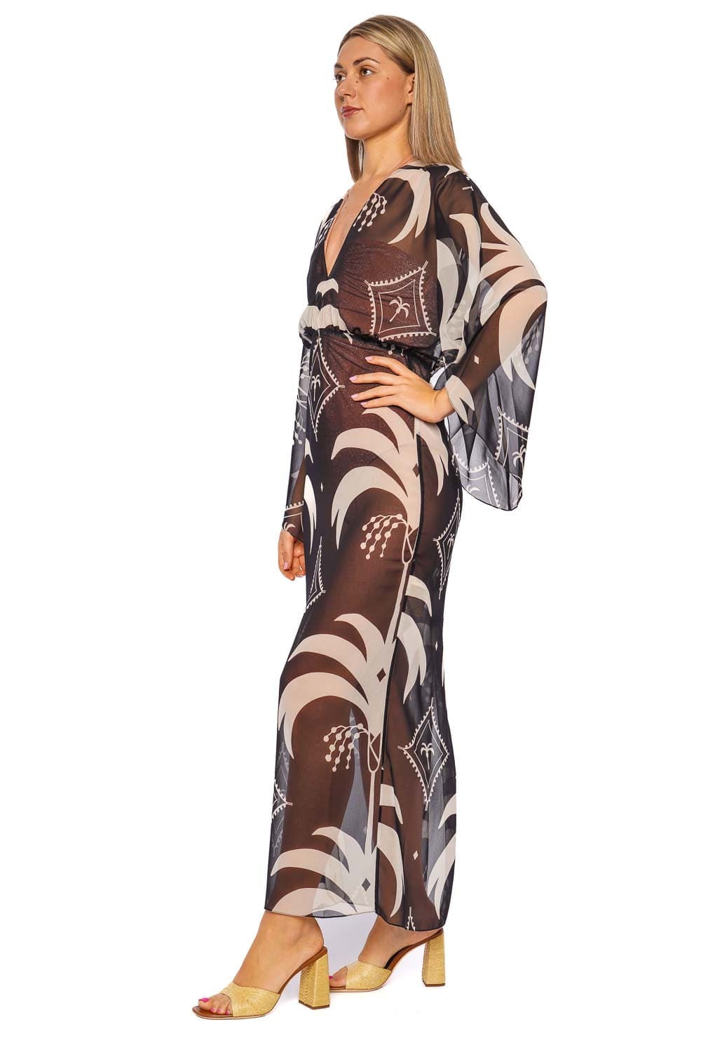 Johanna Ortiz Spiritual Healers Black and Ecru Ankle Dress with Long Sleeves