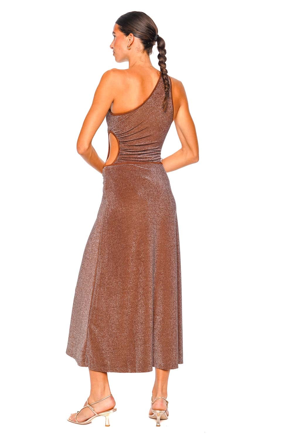 Johanna Ortiz Shimmering Brown One-Shoulder Midi Dress